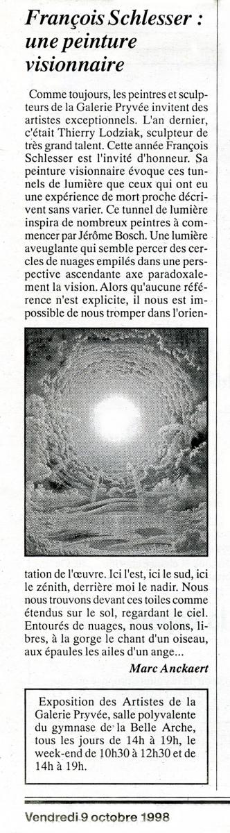 EXPOSITION D'ARTS PLASTIQUES GALERIE PRYVÉE Saint-Pryvé-Saint-Mesmin (45) - Article dans "Le Courrier du Val de Loire Sologne" - 9 octobre 1998