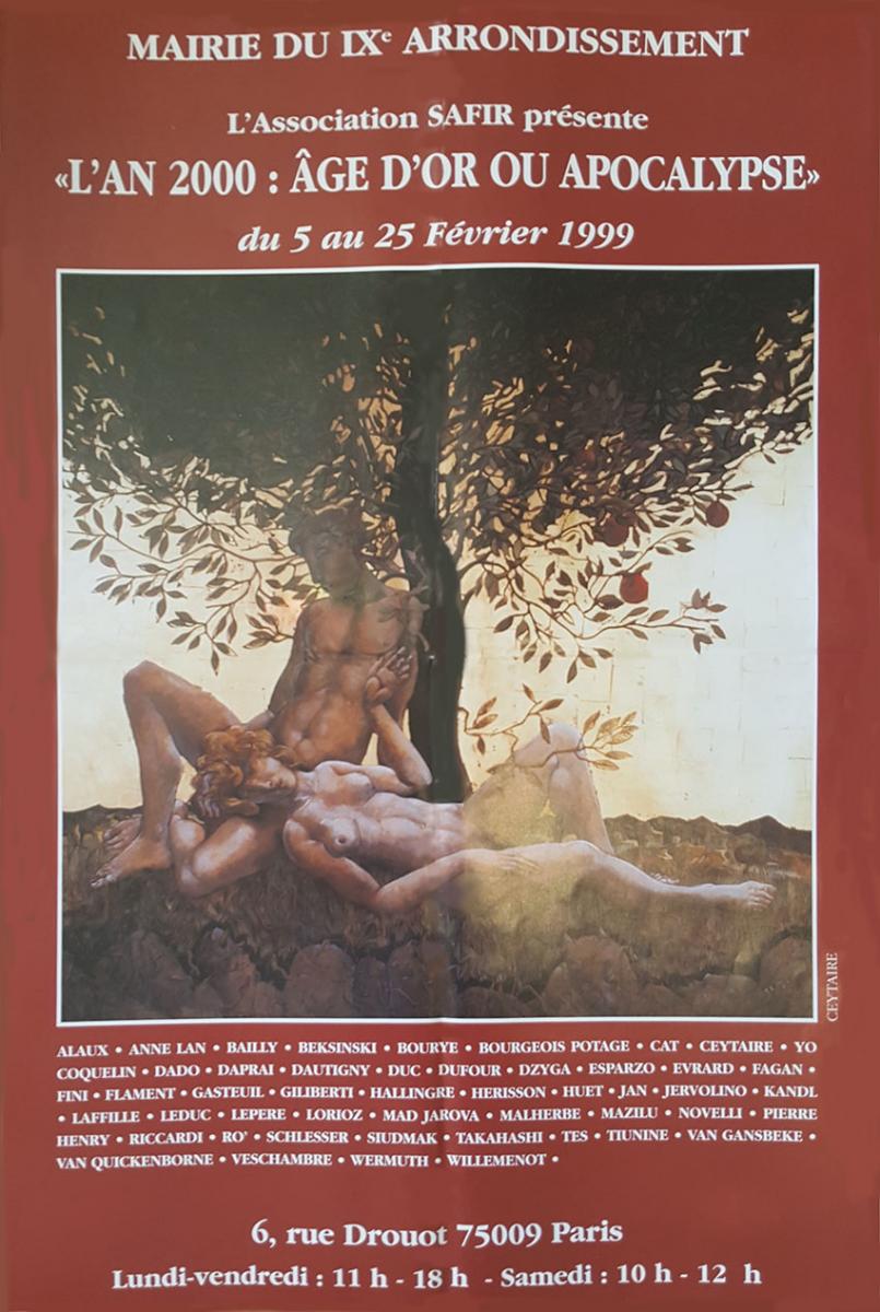 AFFICHE DE L'EXPOSITION "L'AN 2000 : ÂGE D'OR OU APOCALYPSE" PRÉSENTÉE PAR L'ASSOCIATION SAFIR MAIRIE DU IX ÈME ARRONDISSEMENT PARIS (75) Du 5 au 25 février 1999