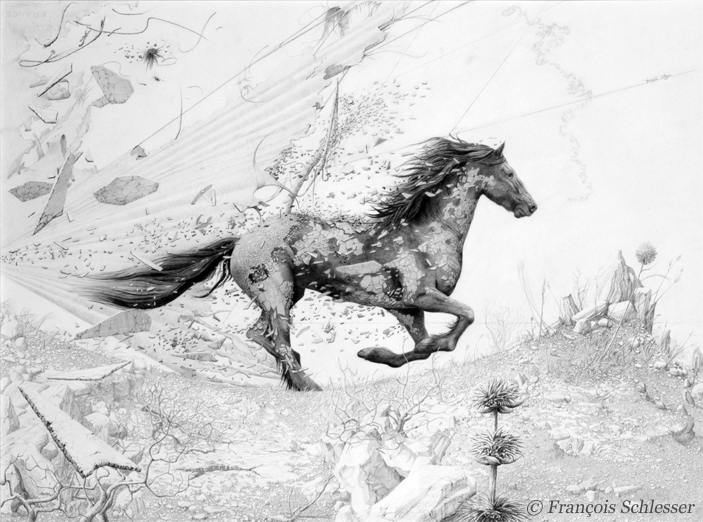 "Manifestation par la fissure des mondes", Crayon graphite sur papier 75 x 57 cm  © Dessin de François SCHLESSER