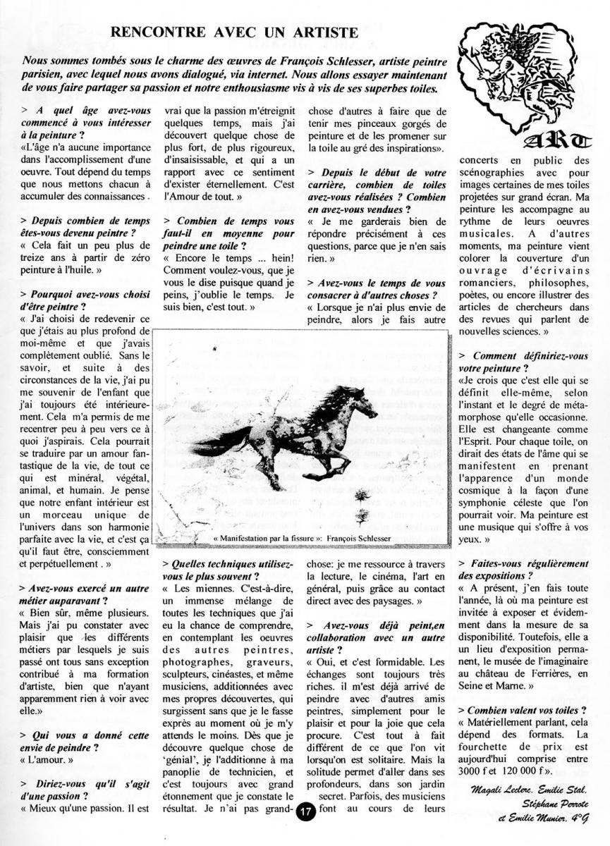 Interview de François Schlesser dans le Journal interne “Le coup de foudre” du collège Abel Minard - Tonnerre (89) - Septembre 1999 à mars 2000