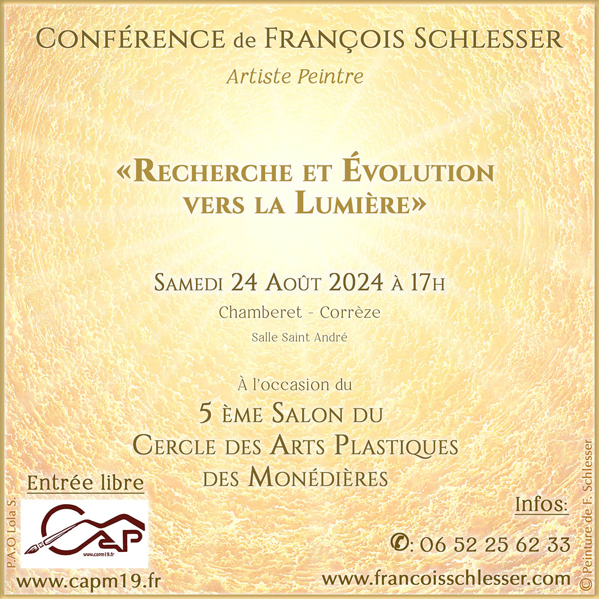 Conférence de François Schlesser - "Recherche et Évolution vers la Lumière" Samedi 24 août 2024 à 17H - Salle Saint-André - Chamberet 19
